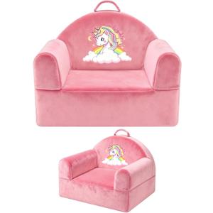 Kids Sofa Chair with Removable Washable Cover & Magic-Tape Backrest Toddler Chair, Cozy Crystal Velvet Furniture for Playtime, Naps & Travel (Soft Pink, Unicorn Design)