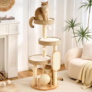 797Audio Wood Modern Cat Tree for Large Cat, 47" Cat Tower with Scratching Posts, Scratch Ball, Cat Beds, Aesthetic Multi-Level Cat Climbing Tree with Hand-Woven Wicker Rattan for Indoor Cats