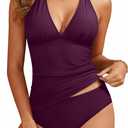Yonique Womens Two Piece Swimsuits Tummy Control Tankini Plus Size Bathing Suit Halter V Neck Swimwear (Medium, Purple)