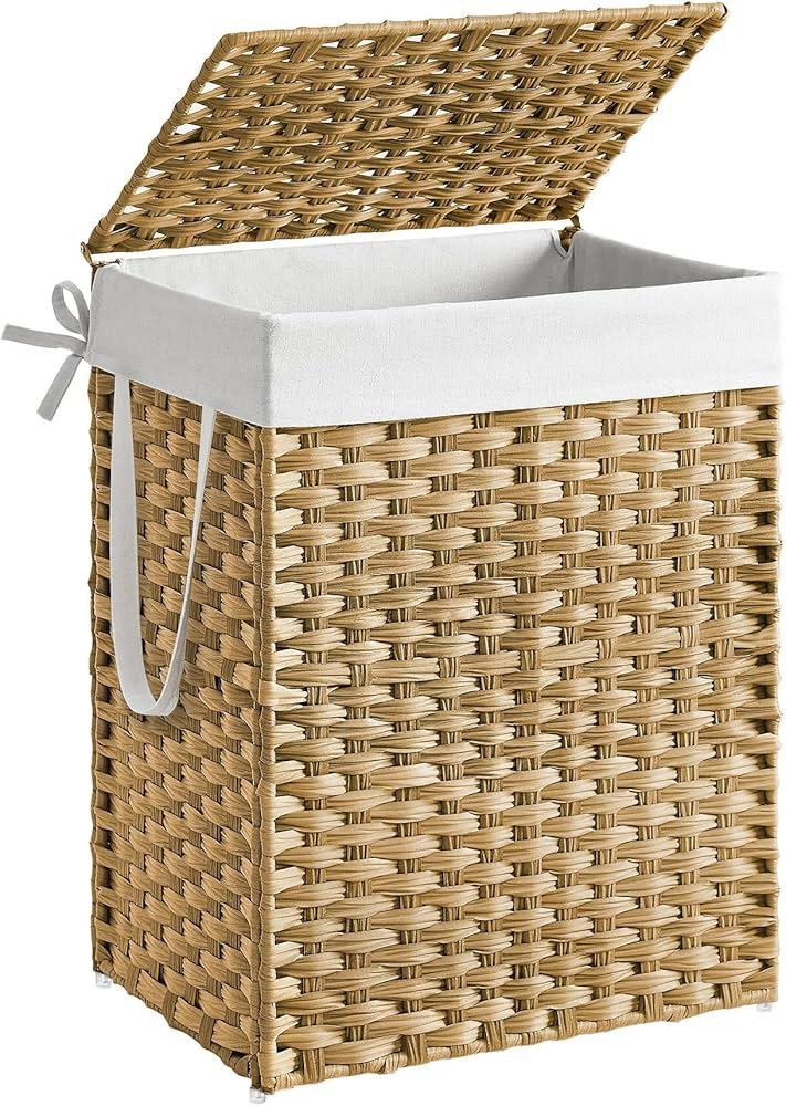 SONGMICS Laundry Hamper with Lid, 23.8 Gallon (90 L) Synthetic Rattan Clothes Laundry Basket with Lid and Handles, Foldable, Removable Liner, Goose Yellow