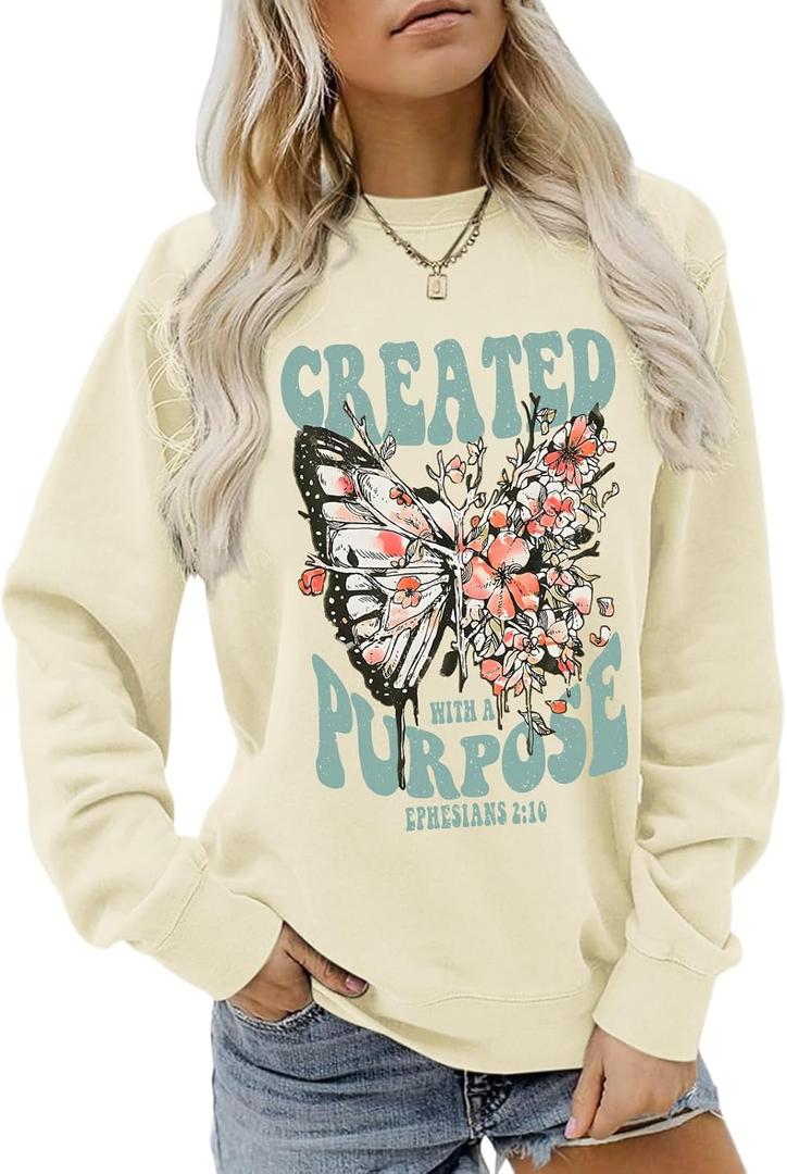 Christian Jesus Sweatshirts for Women Religious Faith God Bible Verse Shirts Boho Butterfly Graphic Pullover Tops (XX-Large, Apricot)