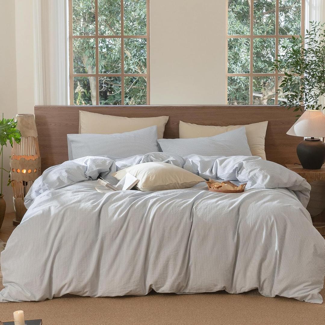 MooMee Striped Duvet Cover Set 100% Washed Cotton Linen Like Textured Breathable Durable Soft Comfy (Cornflower Blue White Pinstripes, Full 80"x90")