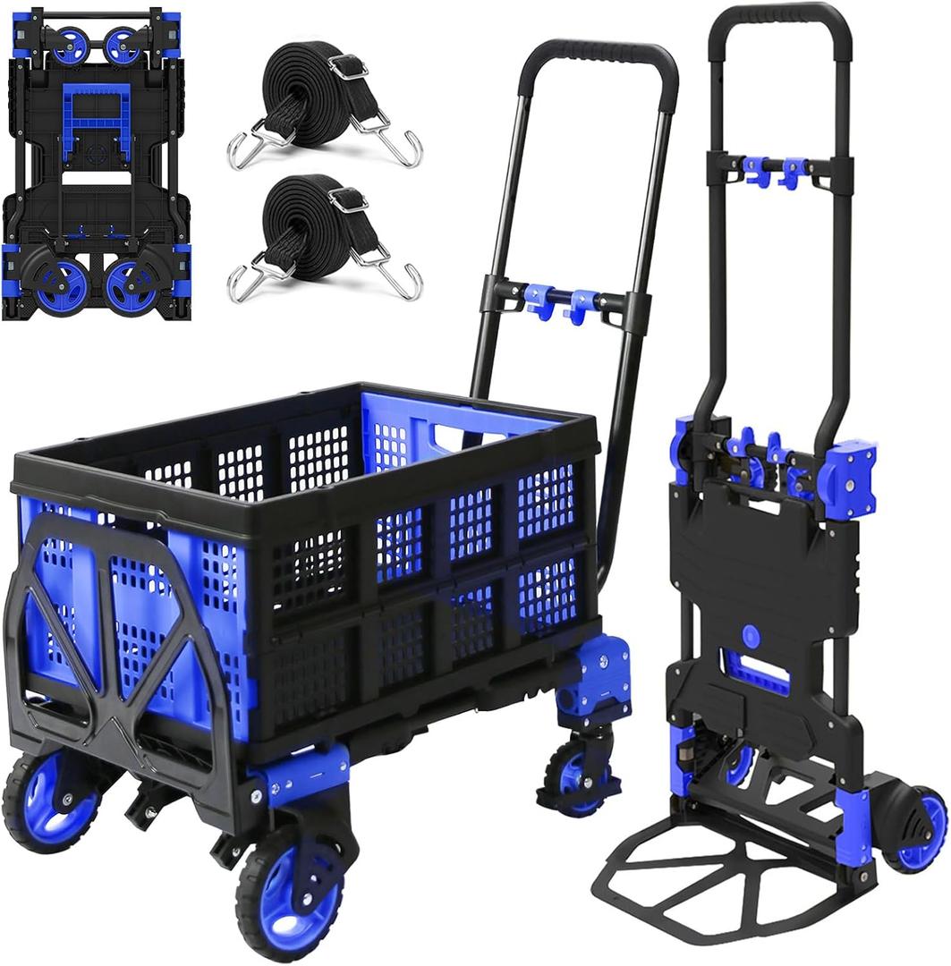 Oyoest 2 in 1 Folding Hand Truck with Folding Basket,Heavy Duty Hand Truck Dolly 330lbs Capacity with Telescoping Handle and Rubber Wheels,Portable Dolly Cart with Bungee Cords for Moving
