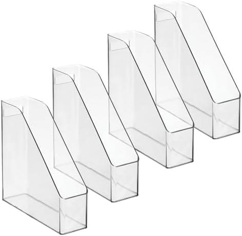 mDesign Plastic Slim Vertical File Folder Storage Organizer Bin with Handle, Hold Notebooks, Binders, Envelopes, Magazines for Home Office, Work Desktops, Ligne Collection, 4 Pack, Clear