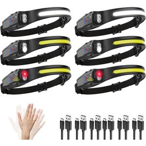 Headlamp Rechargeable 6Pack, 230 Wide Beam LED Headlamp, 7Mode Headlamps for Adults, Head Lamp with Motion Sensor, Red Light Head Lamps LED Rechargeable, Head Lights for Forehead Running Camping
