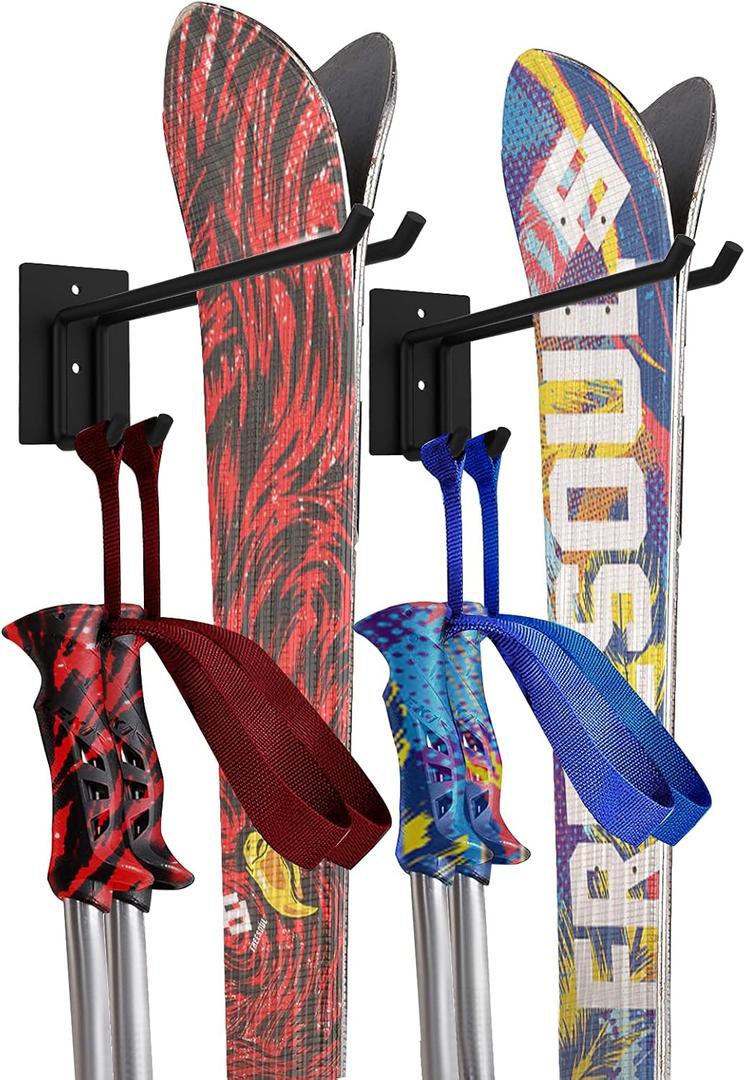 Foozet Ski Storage Rack with Ski Poles Storage Rack Wall Mount Heavy Duty Metal, Suitable for 2 Pairs Snowboard Storage Hanger for Garage Home Indoor Hold up to 100lbs