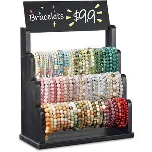 Emfogo Bracelet Holder with Advertising Board, 3 Tier Bracelet Organizer Stand Storage for Bracelets Bangles Watch Scrunchies, Rustic Wood Jewelry Display for Vendors, Craft Shows & Store (Black)