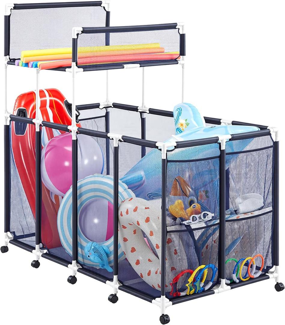 VEVOR Pool Storage Bin, 64.96 x 33.46 x 64.96 in, Rolling Pool Float Storage Organizer with Side Pockets & Noodles Holder Rack, Durable Plastic Frame, Poolside Toys Mesh Basket for Swimming Pools