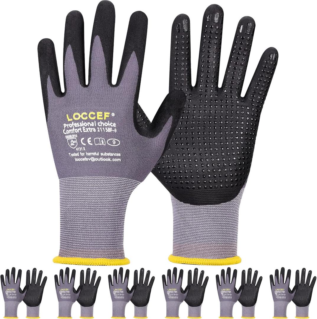 LOCCEF Work Gloves MicroFoam Nitrile Coated-6 Pairs,Endurance Seamless Knit Nylon,Dots on palm,Tacky Dot Grip Gloves