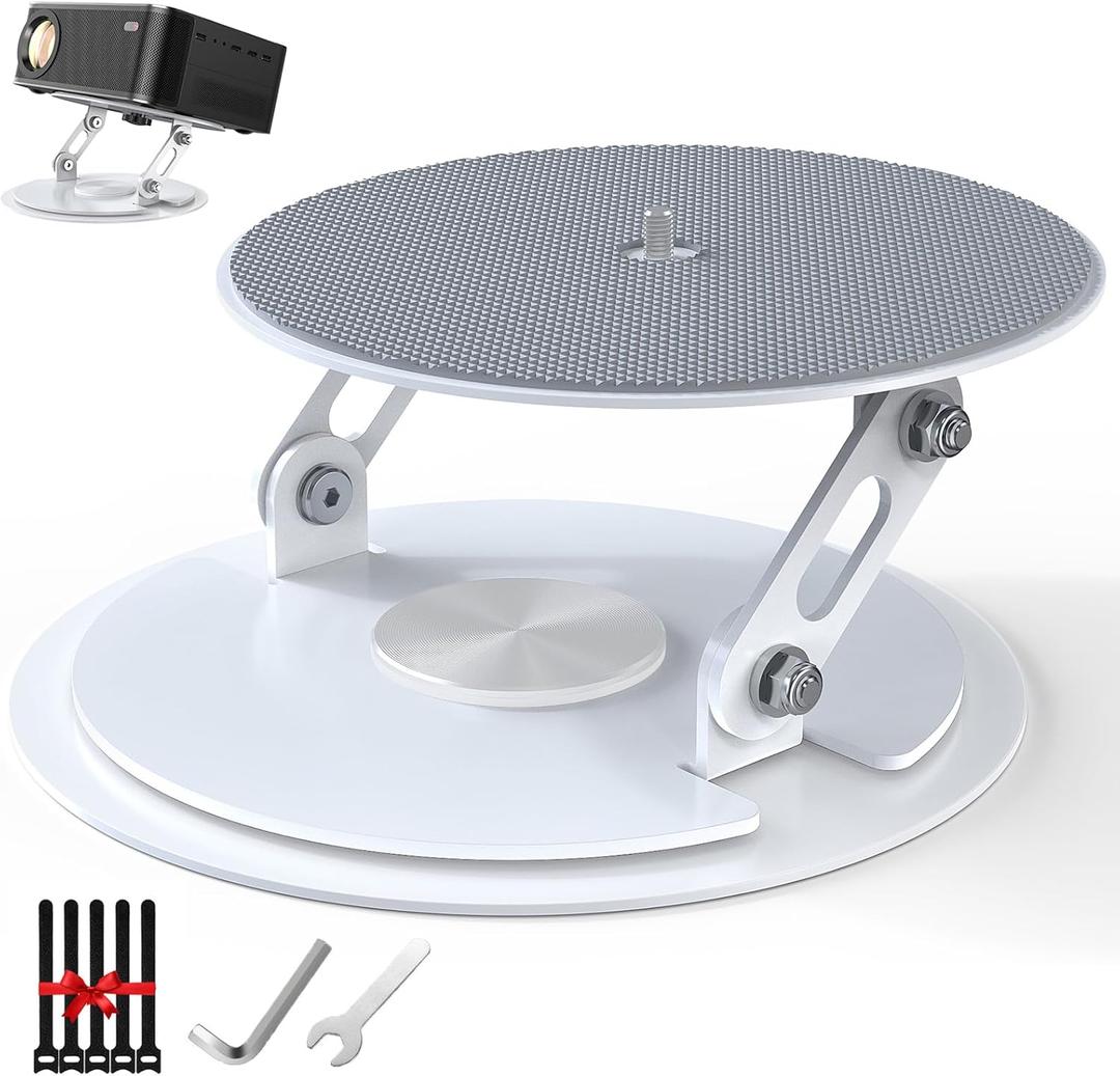 Foldable Desktop Projector Stand, Universal 360Adjustable Table Mount 1/4" Screw360 Rotation PJ Holde Black Projector Tray for Home Office Studio with Cable Ties (White)