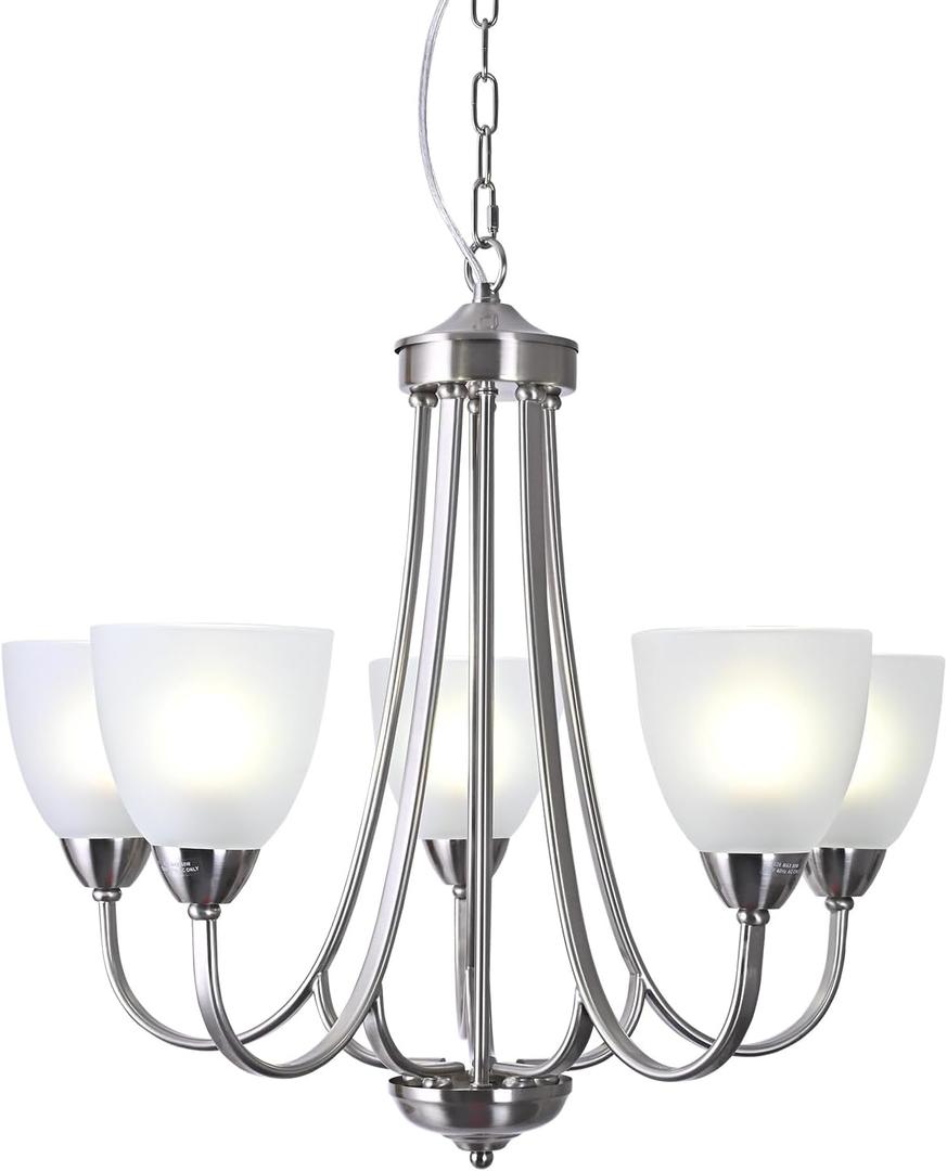 BOZO Modern 5-Light Chandelier Brushed Nickel Dining Room Lighting | Adjustable Ceiling Hanging Contemporary Pendant Light with Frosted Glass Shades for Living Room, Kitchen Island, Foyer