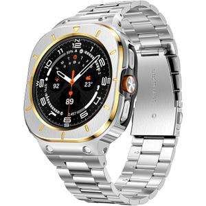 SUPLINK Stainless Steel Case and Band Compatible with Samsung Galaxy Watch Ultra Bands 47mm(2025/2024), Rugged Protective Case Bumper Metal Bands for Samsung Ultra Watch Band Men, Silver Gold