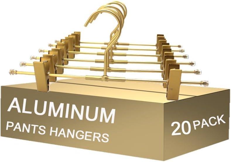 Shorts Hangers 20 Pack Jeans Hangers for Closet 11.8" Gold Aluminium Hangers with 2 Adjustable Clips Pants Hanger Shirt Slim Hangers for Men Women Metal Hangers