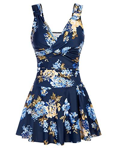 Floral One Piece Swimsuits for Women Tummy Control Swimsuit Swimwear Skirt V Neck Swim Dress Bathing Suit Navy Blue L