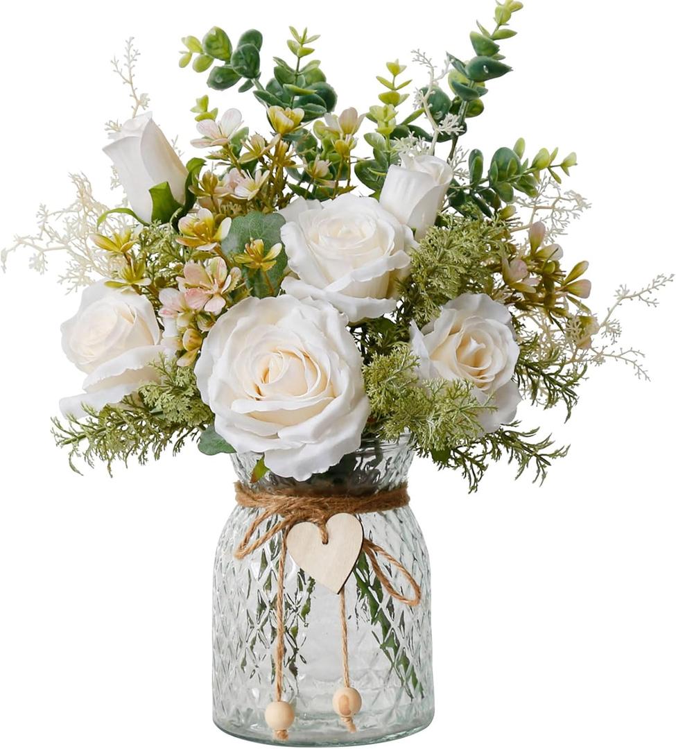 Fake Flowers in Vase,Faux Flowers for Vase,Artificial Silk Roses,Dining Table Centerpiece Decor,Flower Arrangements for Home Decor,Kitchen Decor (Milky White)