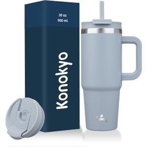 Konokyo 30 oz Tumbler with Handle and 2 Straws,2 in 1 Lid Insulated Water Bottle Stainless Steel Travel Coffee Mug,Lavender