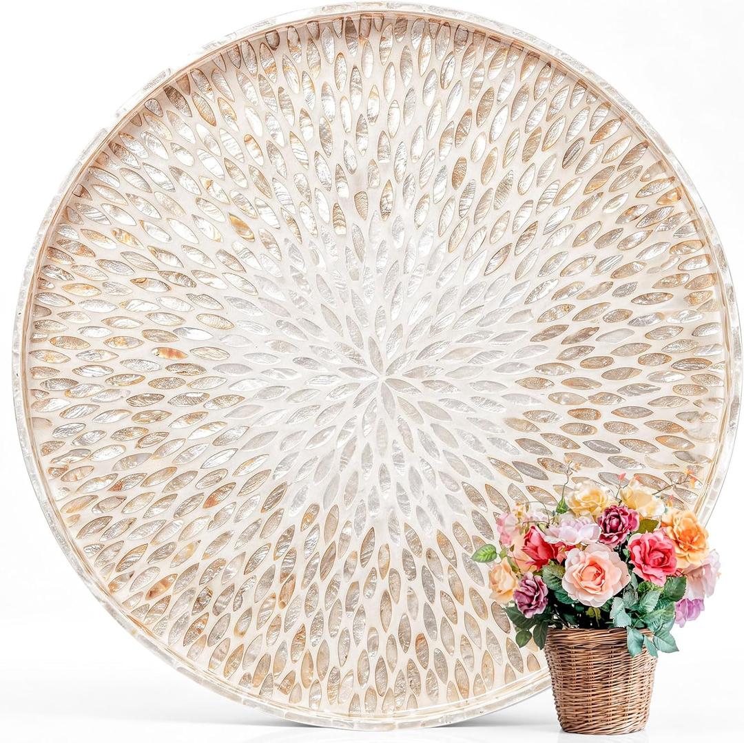 22" Round Mother of Pearl Serving Tray Ottoman Tray, Leaf, Gold