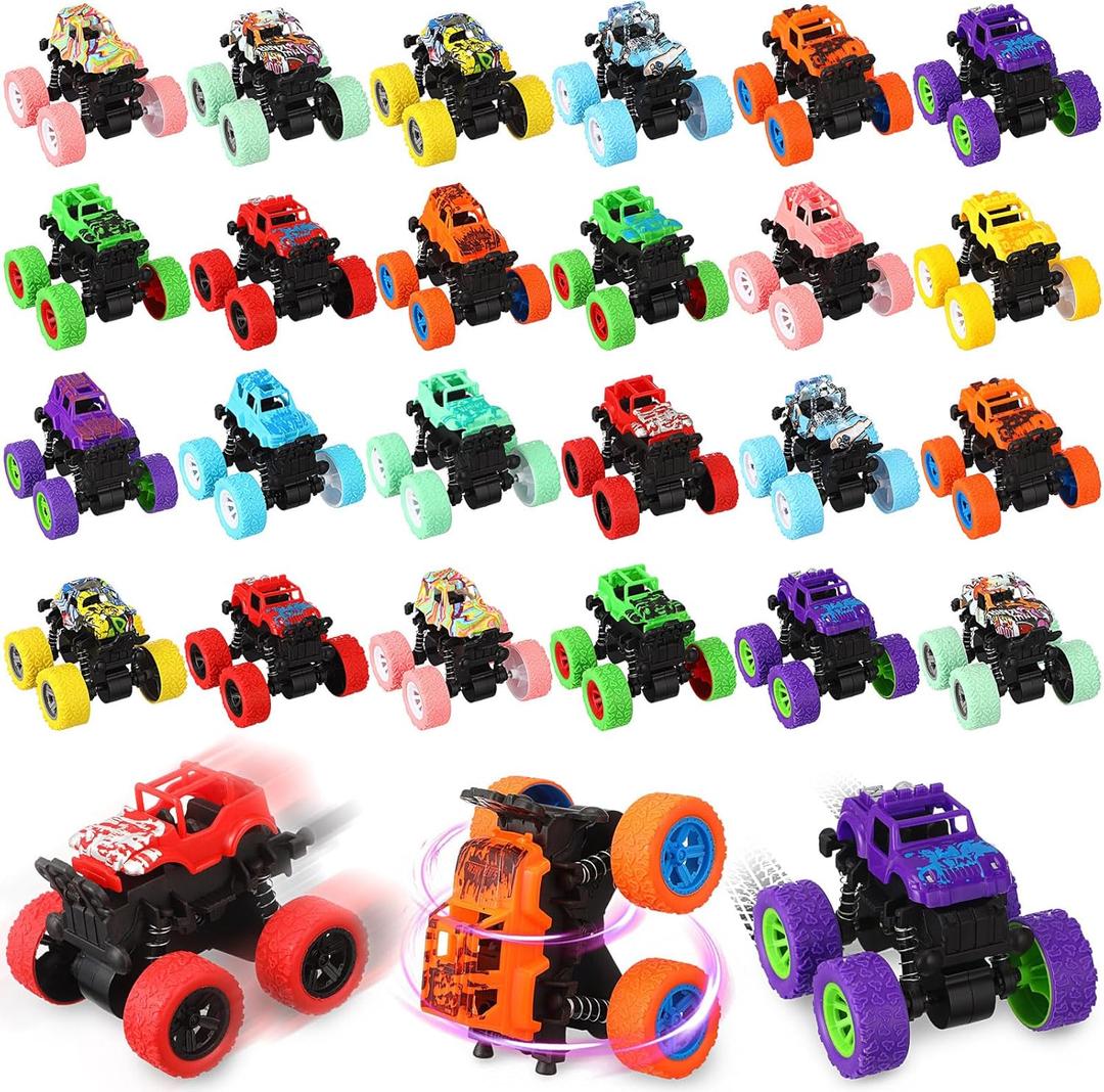 Hiboom 24 Pcs Friction Powered Mini Monster Trucks for Boys and Girls, Pull Back Vehicle Push and Go Toy Car 360 Rotating Stunt Car for Birthday Decoration Christmas Party Gifts