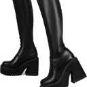 AMINUGAL Womens Elastic Knee High Platform Chunky Block High Heel Sock Boots Zipper Round Toe Fashion Motorcycle Combat Punk Boots For Women, Size 8 (Black)