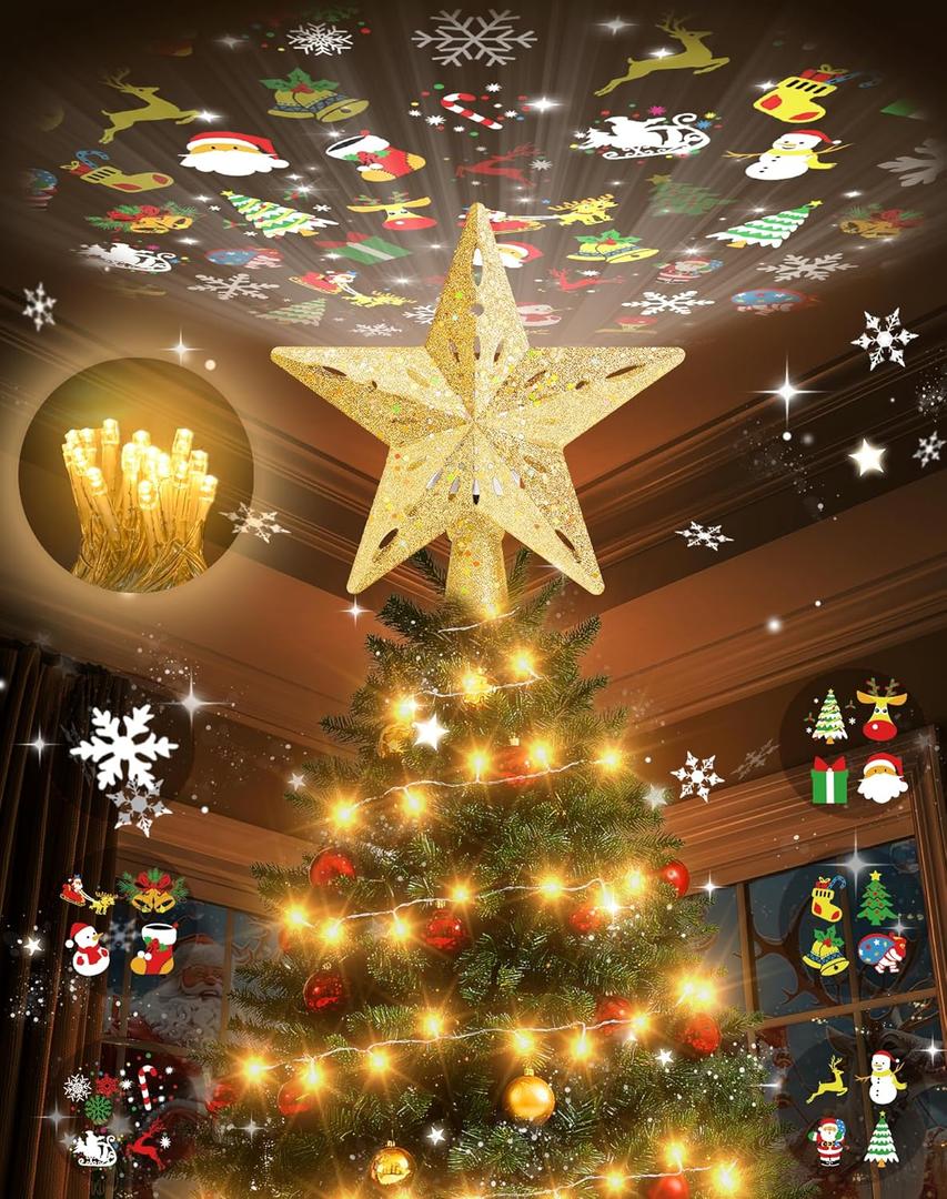 Christmas Tree Topper with 32.8FT Warm Light Cord and 6 Projection Modes, Christmas Star Tree Topper Built-in LED Rotating Projector Lights, 3D Glitter Christmas Tree Decorations (Gold)