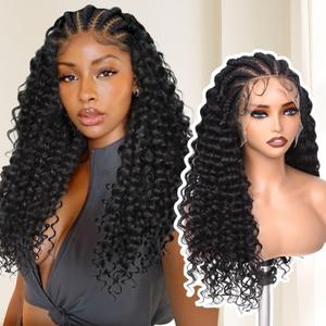 FAVE 136 Lace Front Wig Glueless Braided Wigs with Curly Hair 22 Inch Cornrow Braided Wigs for Black Women Synthetic Curly Wigs With Natural Baby Hair Knotless Braided Wigs for Daily Use 1B