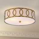 JONATHAN Y 12.25" Brass Gold 2-Light Modern Metal LED Flush Mount Ceiling Light for Bedroom Hallway, White Linen Drum Shade with Geometric Fretwork, LED Bulbs Included JYL3502A