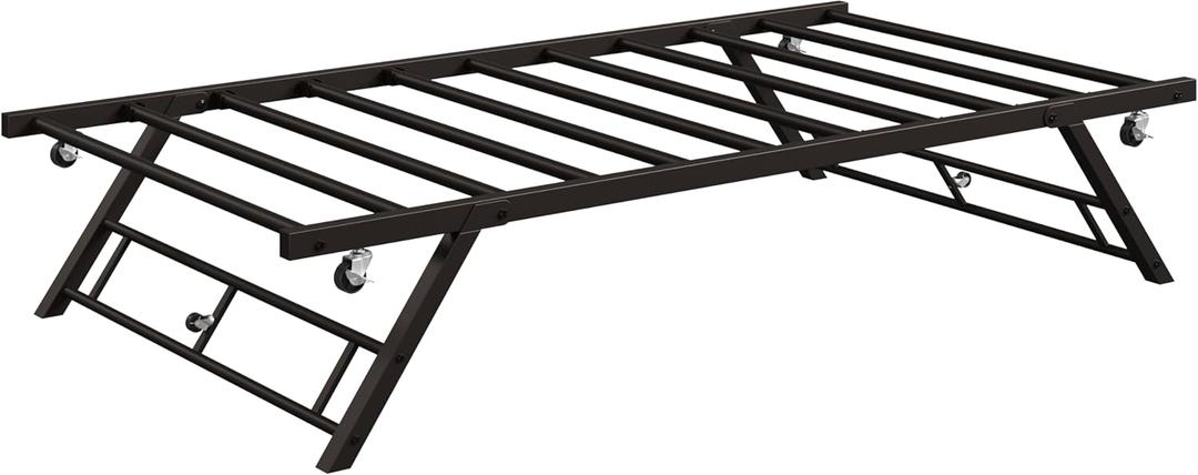 IDEALHOUSE Twin Pop Up Trundle Bed Frame,Trundle Day Bed with Lockable Casters, Foldable Metal Platform, Brown