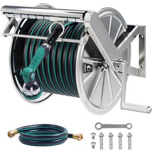 Stainless Steel Garden Hose Reel with 5/8" x 100 ft Heavy Duty Hose, Wall Mount Water Hose Holder, Hose Reels with Crank Handle for Outside, Lawn, Yard, Garage