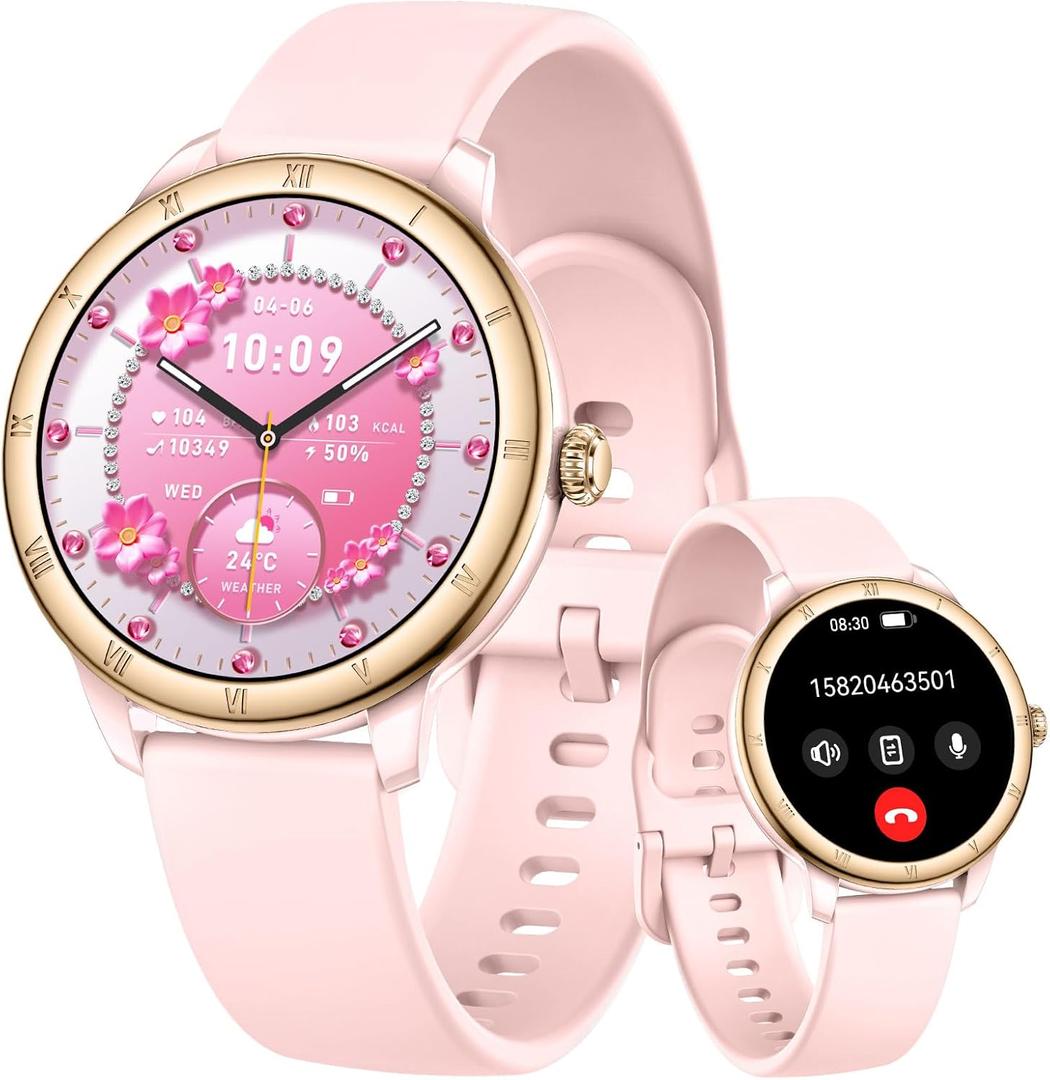 Smart Watch for Women, 1.27" HD Fitness Tracker (Answer/Make Calls) with 110+ Sport Modes/Heart Rate/Sleep Monitor, IP68 Waterproof Fitness Watch for iPhone Android, Best Gifts for Girl Yrs 15-25 (Pink)
