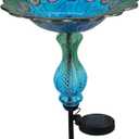 Blue Peacock Ground Stake Solar Bird Feeder for Outside,Bird Pond Outdoor Glass BirdBath with Metal Stake Garden Yard Outdoor, Garden Decoration Yard 32 inches