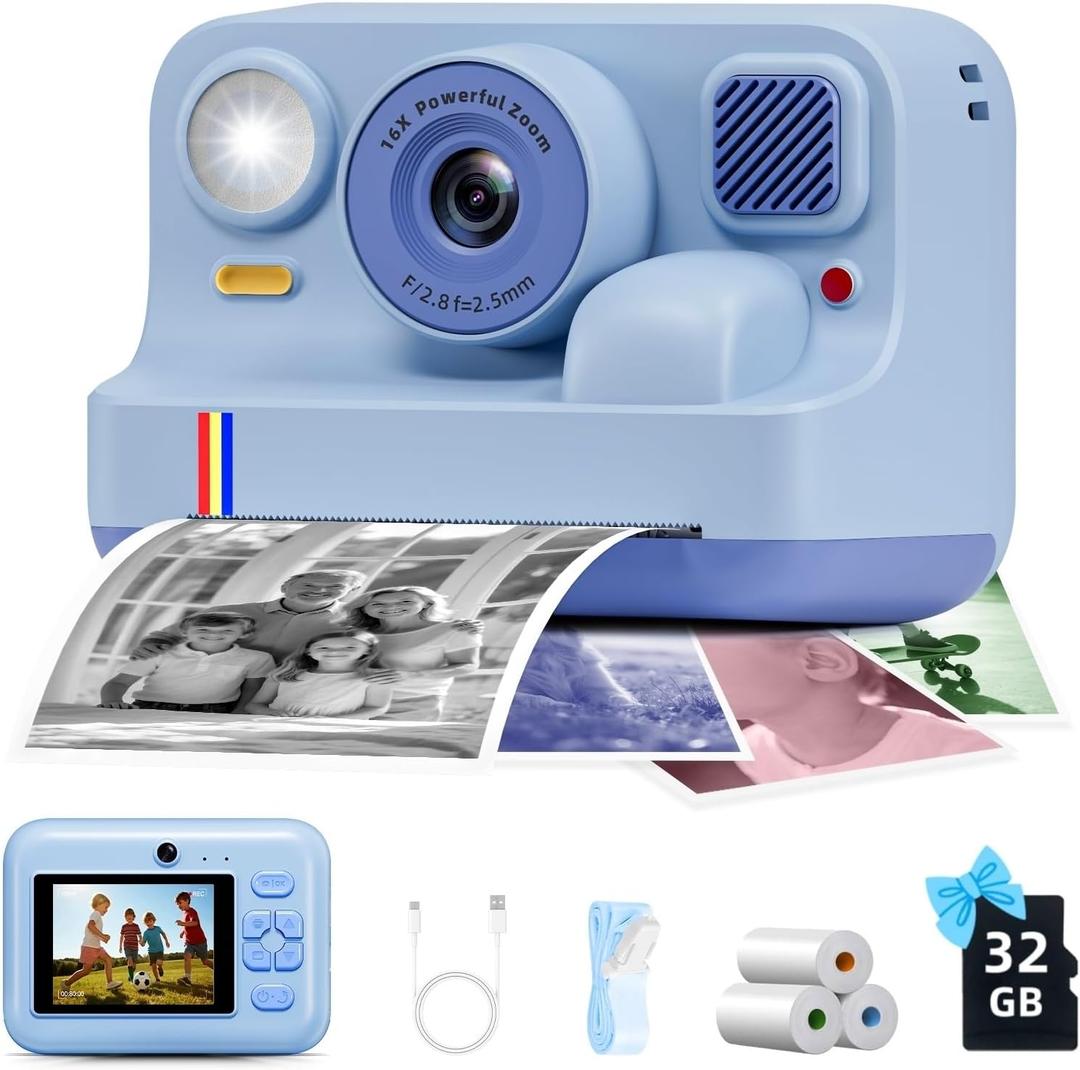 Instant Print Camera for Kids, Christmas Birthday Gifts for Girls Boys Age 3-15, 1080P Selfie Portable Digital Video Camera with 32GB SD Card, 3-Colored Print Paper - Blue