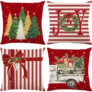 Red Christmas Throw Pillow Covers 20x20 Inch Set of 4, Winter Holiday Xmas Trees Joy Wreath Bow Vintage Truck Pillowcase Decorative for Sofa Couch Living Room