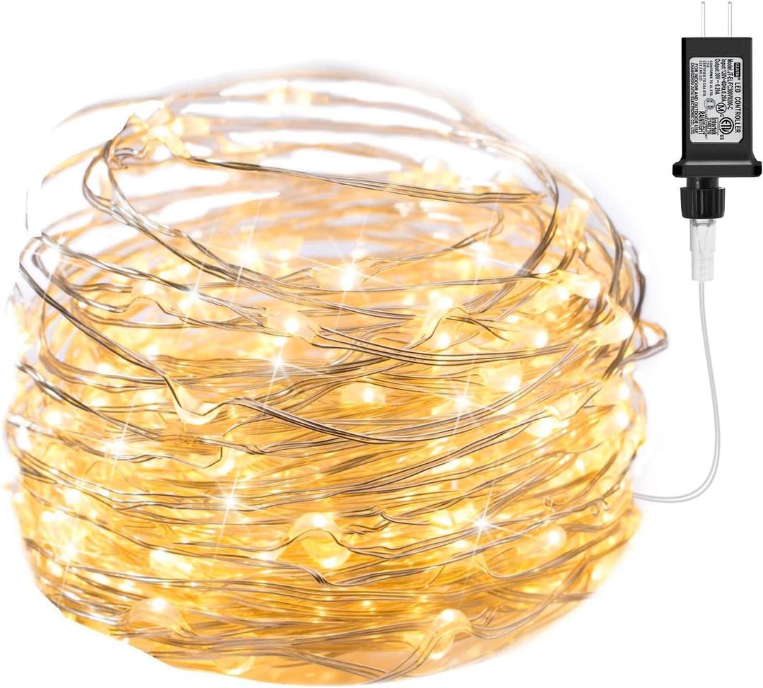 Plug-in String Lights, 100 LED Waterproof Silver Wire Fairy Lights, Adapter Included, Starry String Lights for Wedding, Indoor & Outdoor, Garden Decor, Warm White, 2 Pack