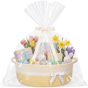 Colingmill Graduation Woven Large Gift Basket Empty with Ribbons Bow Tie Bag, Graduation Empty Decorative Chest Box, Woven Rope Storage with Handles Home Decor(14 x 10 x 5.5 Inch,Light Yellow White)