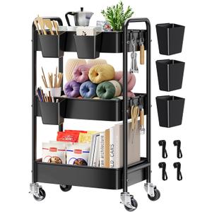 3 Tier Rolling Cart Metal with Wheels, Black Three Tiered Art Cart Organizer on Wheels, Storage Utility Trolley Carts for Kitchen, Craft, Nail, Lash, Makeup, Salon,Bedside, Bathroom, Office, Snack