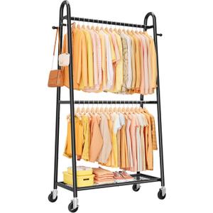 Sakugi Heavy Duty Clothes Rack, Metal Clothing Rack with Double Hanging Rods, 4 Hooks & Mesh Shelf, Freestanding Garment Rack with Triangular Design for Bedroom Closet, 36.5" x 16.9" x 72.8", Black