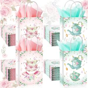 24 Pcs Tea Party Gift Bags with Tissue Paper Floral Teapot Goodie Treat Bags with Handles Tea Party Decorations for Wedding Baby Shower Birthday Favors Supplies, Pink and Green