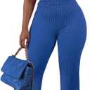 HBQ Women Two Piece Outfit Ribbed Short Sleeve V Neck Polo Top and Flare Pants Casual Lounge Sets Tracksuit, Large Size