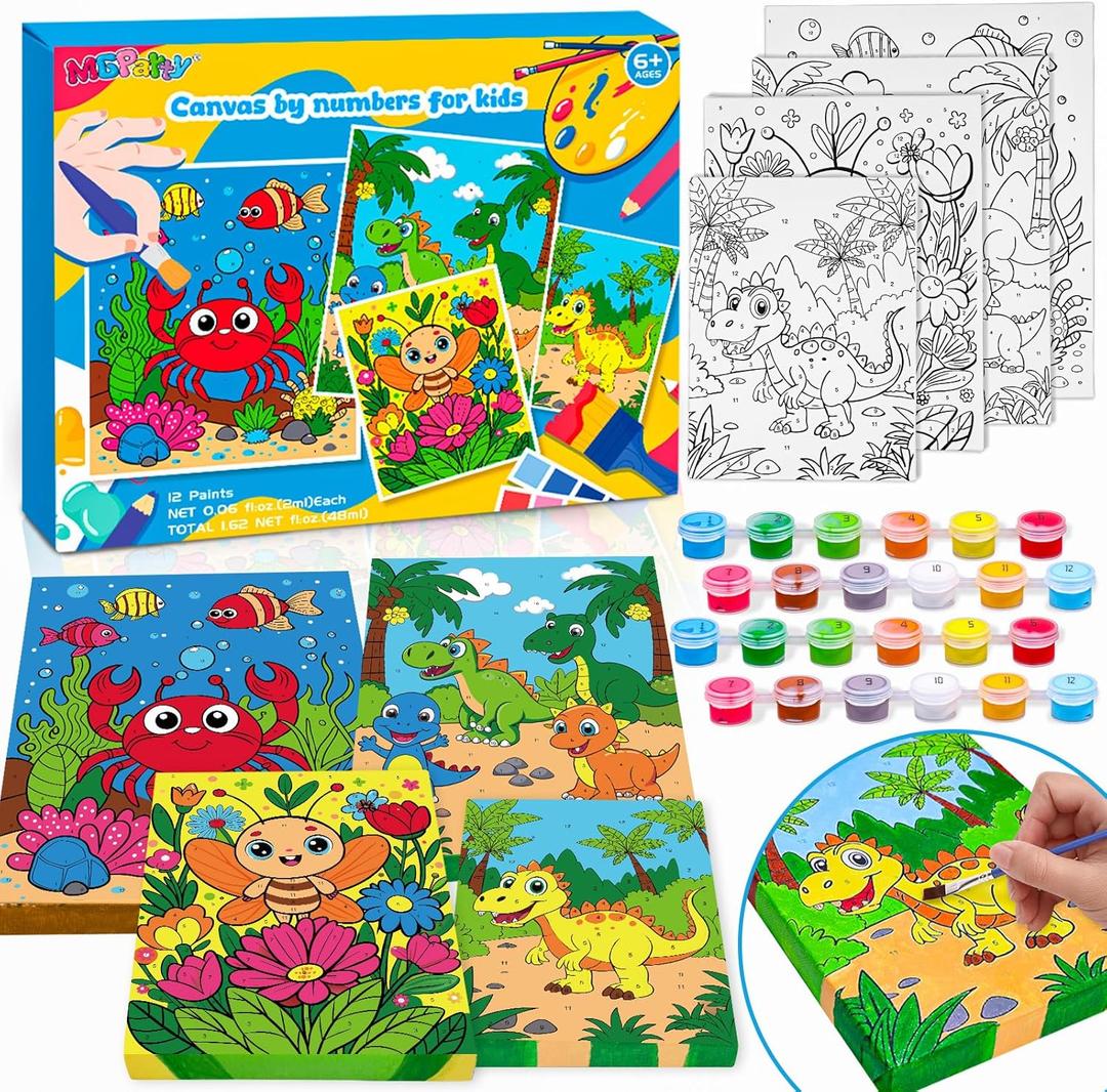 4 Pack Paint by Numbers for Kids Ages 6-8 8-12, Pre-Drawn Canvas Painting Kit with 12 Acrylic Paints & 8 Brushes, DIY Canvas Art Kits for Kids Painting Activities, Classroom Crafts, Wall Decor