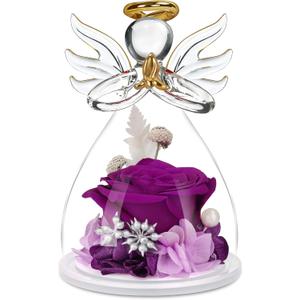 Mothers Day Mom Gifts for Her,Preserved Flowers Rose in Glass Angel Figurines,Birthday Gifts for Women,Mothers Present from Daughter,Purple Flowers Angels for Grandma Wife Sister Girlfriend Valentines