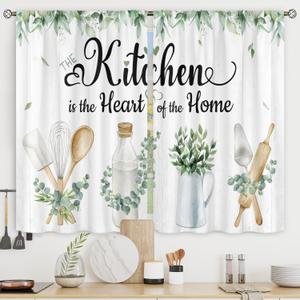 Riyidecor Rustic Eucalyptus Leaves Kitchen Curtains Small Short Leaf Plants Farmhouse Country Botanical Rod Pocket Wooden Board Farm Nature Bedroom Living Room Treatment Fabric 2 Panels 27.5Wx39H Inch (06green)