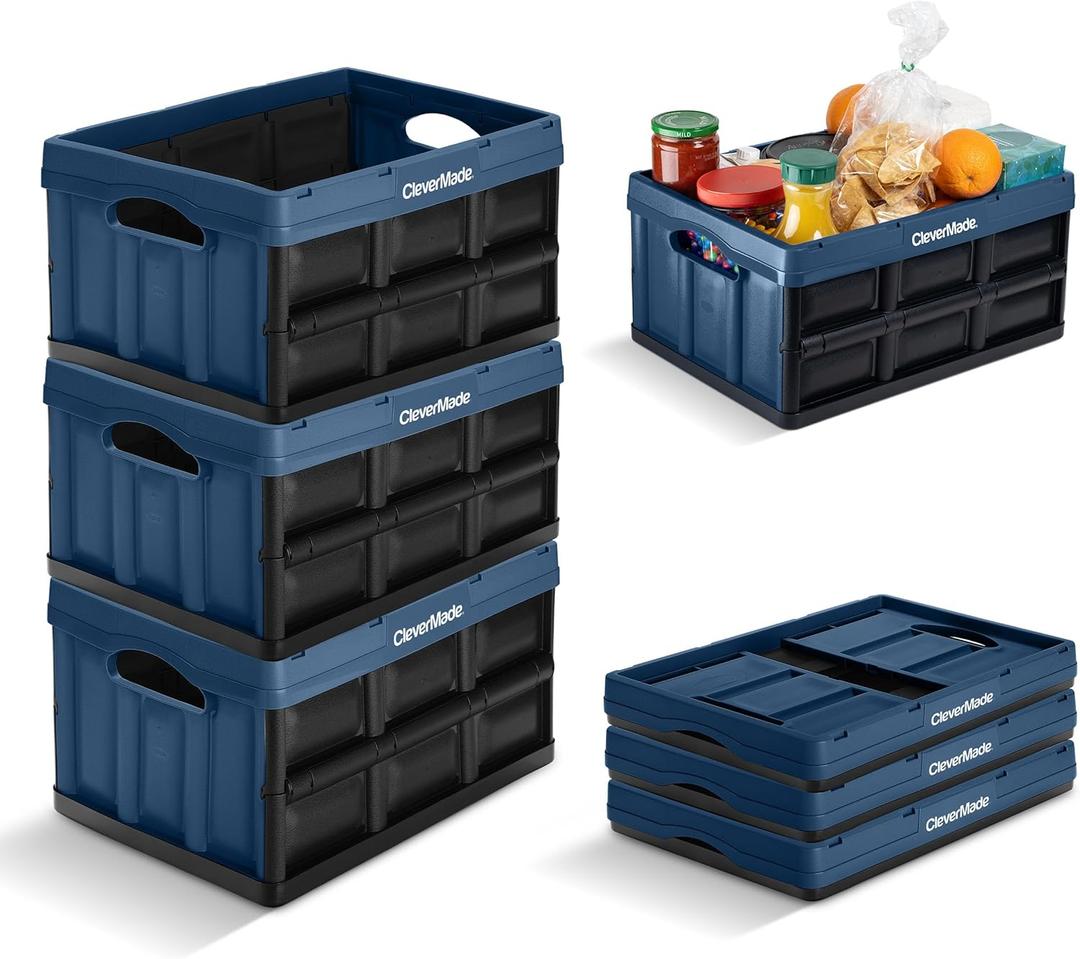 CleverMade Collapsible Storage Bins 32L 3 Pack  Heavy Duty Foldable Storage Bins with Built-In Handles for Garage Storage and Home Organization - Ocean