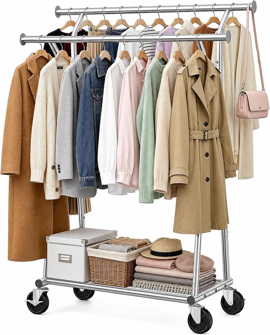 Heavy Duty Clothes Rack - Load 600 LBS, Double Rod Clothing Rack for Hanging Clothes with Shelves, Portable Garment Rack for Bedroom, Laundry, Living Room, Silver