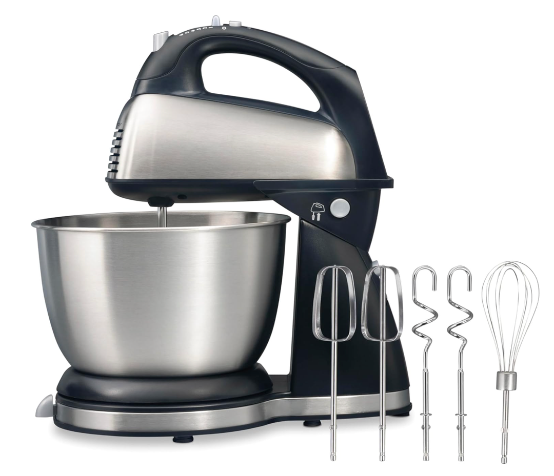Hamilton Beach Classic Stand and Hand Mixer, 4 Quarts, 6 Speeds with QuickBurst, Bowl Rest, 290 Watts Peak Power, Black and Stainless