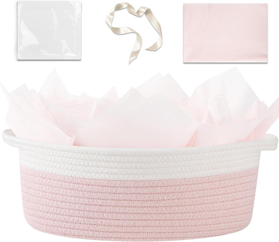 OIAHOMY Gift Basket Empty with Handle, 13.4"x 10"x 5.5" Small Woven Basket with Gift Bag, Ribbon and Wrap Tissue Paper, Dog Toy Storage for Organizing - Pink & White