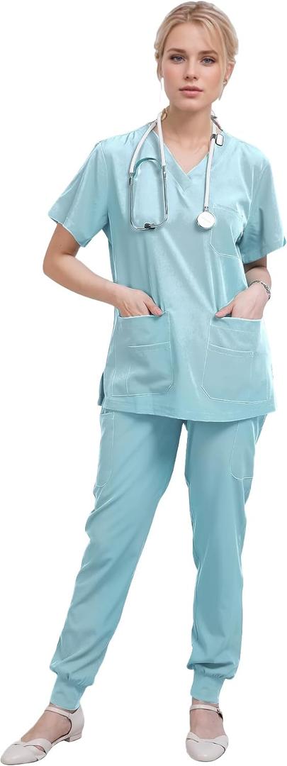 Town Scrubs for Women Scrub Set - Jogger Pant and Comfort Stretch V-Neck Easy Care Uniforms, Large
