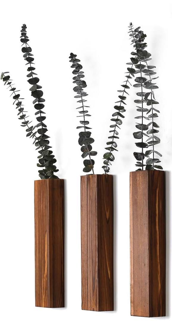 Wooden Wall Planter Set of 3 - Modern Home Decor for Living Room, Bedroom, Bathroom - Walnut Finish Planter for Dried Flowers, Faux Greenery, Indoor Plants ( 3 PC)