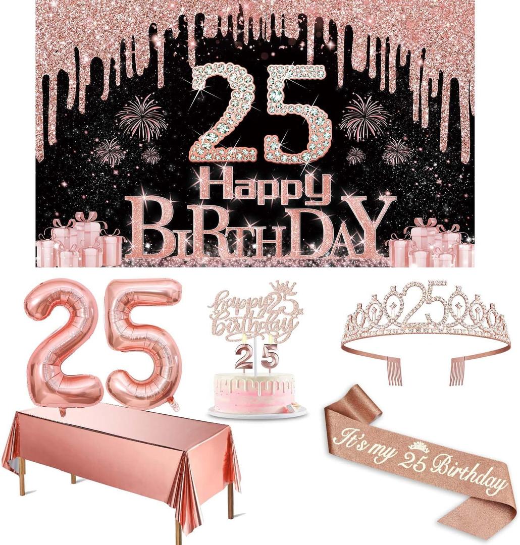 25th Birthday Decorations for Women with Banner, Rose Gold Tablecloth, Number Balloons, 25th Birthday Sash and Tiara, Cake Topper and Candles