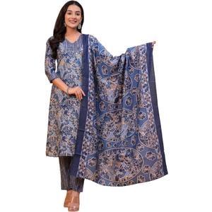Women Chanderi Cotton Kurta Pant Set with Dupatta | 3-Piece Indian Ethnic Outfit | Elegant Floral Print (Medium, Blue)
