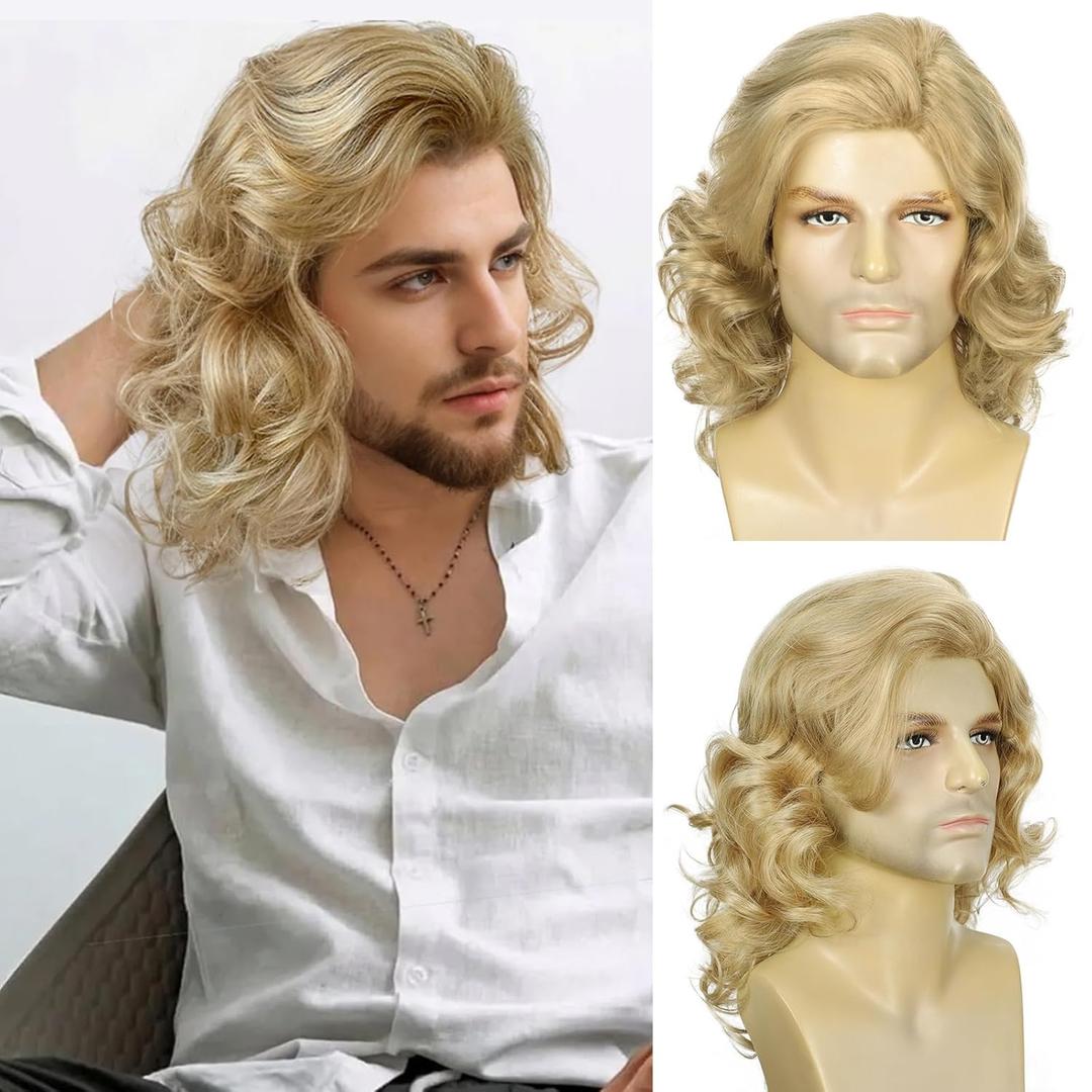 DDHAIR Long Blonden Wig for Men Natural Curly Wavy Hair Halloween Accessory 70s 80s Rocker Cosplay Synthetic Wigs(Dirty Blonde)